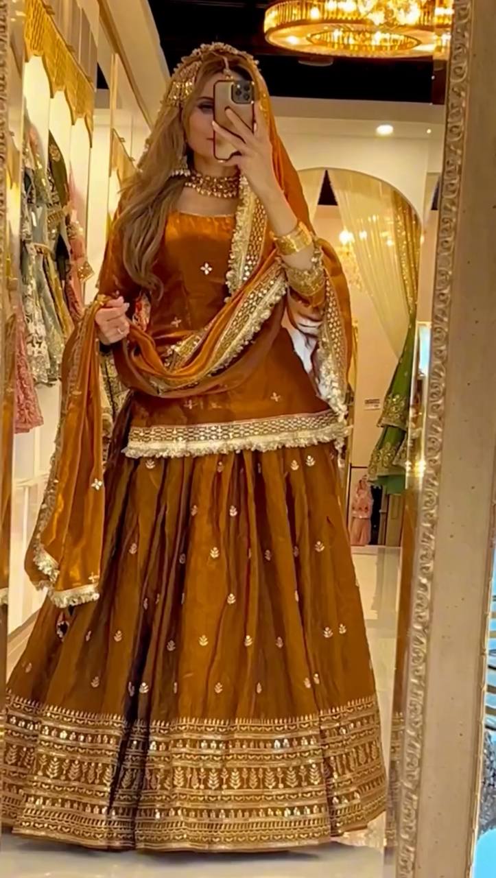 Designer Chinnon Silk Embroidered Lehenga Set | Wedding Wear for Women