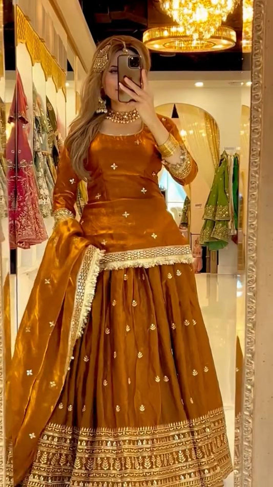 Designer Chinnon Silk Embroidered Lehenga Set | Wedding Wear for Women
