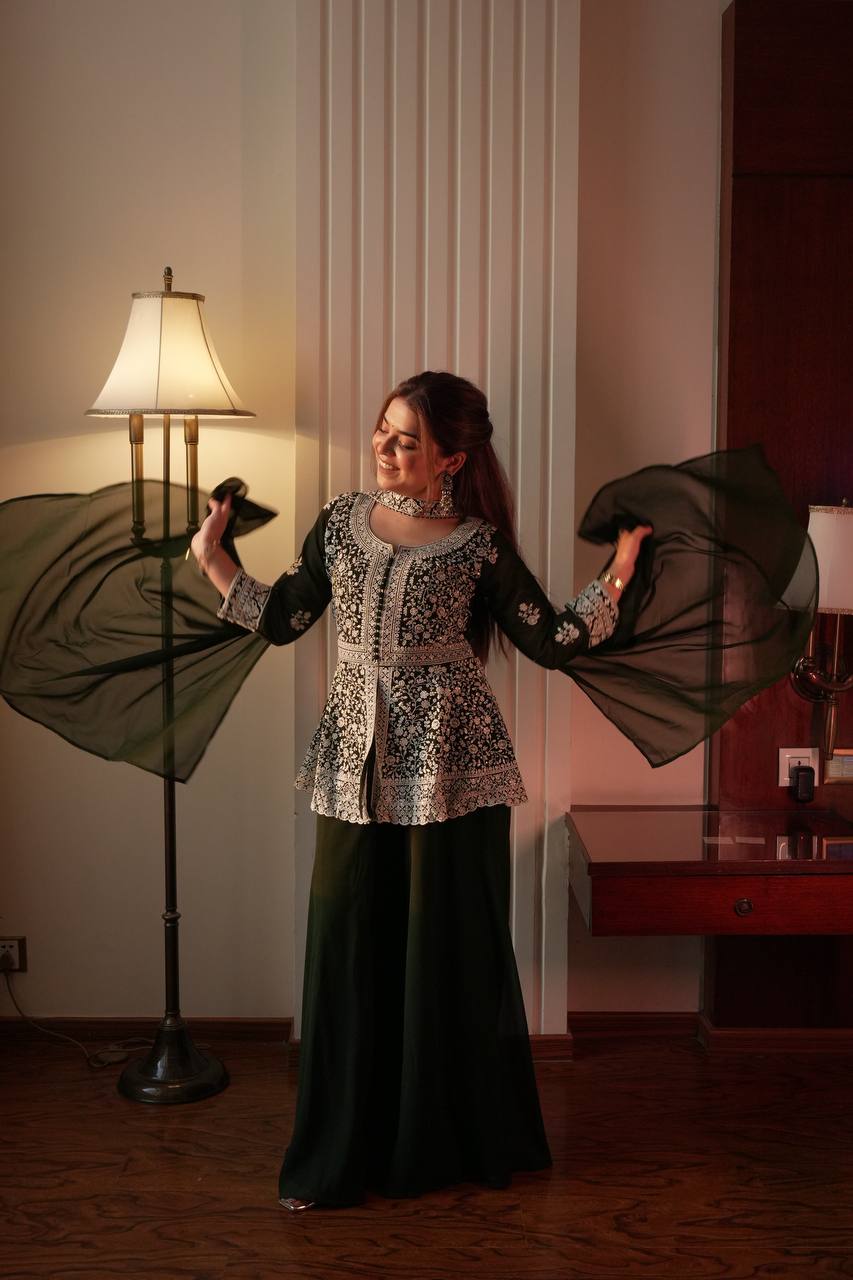 Black Georgette Embroidered Kurti Palazzo Set with Dupatta