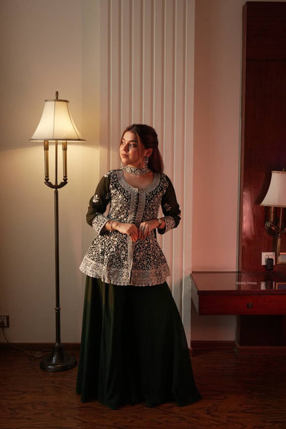Black Georgette Embroidered Kurti Palazzo Set with Dupatta