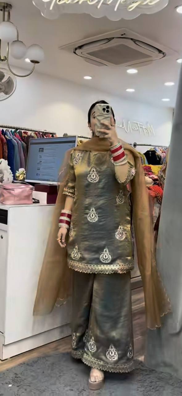 Designer Fendy Silk Embroidered Palazzo Suit | Festive Wear