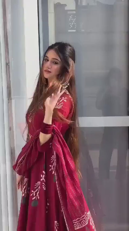 Maroon Handblock Anarkali Set
