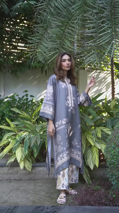 Charcoal Grey Smooth Bsy Ethnic Motifs Printed Kurta Set For Women