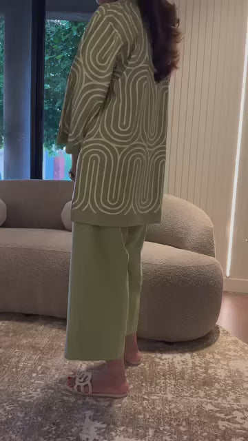 Sage Green Linen Cotton Abstract Wave Printed Chic Cotton Co-Ord Set For Wo..