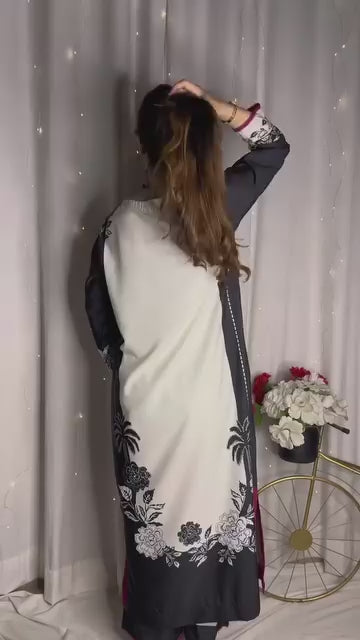 Elegant Black and White Contrast Abaya Dress with Floral and Palm Print U40