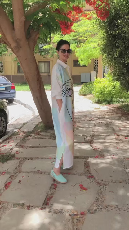 White Linen Cotton Artistic Abstract Face Shirt Dress For Women