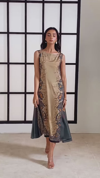 Beige & Teal Muslin Printed Boho Luxe Sleeveless Dress For Women