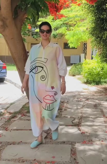 White Linen Cotton Artistic Abstract Face Shirt Dress For Women