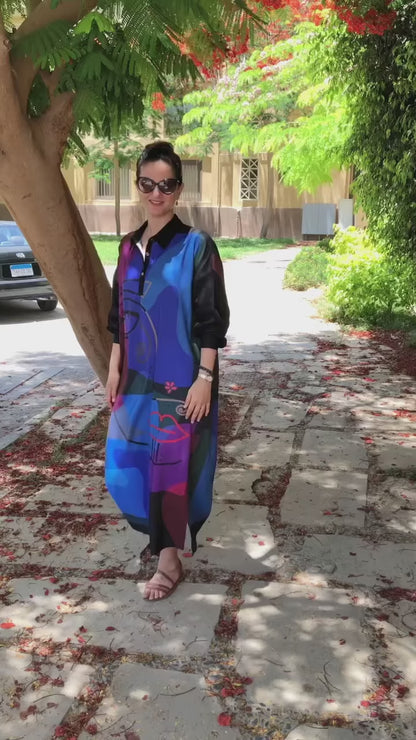 Black Linen Cotton Modern Art Printed Oversized Collared Shirt Dress For Wo..