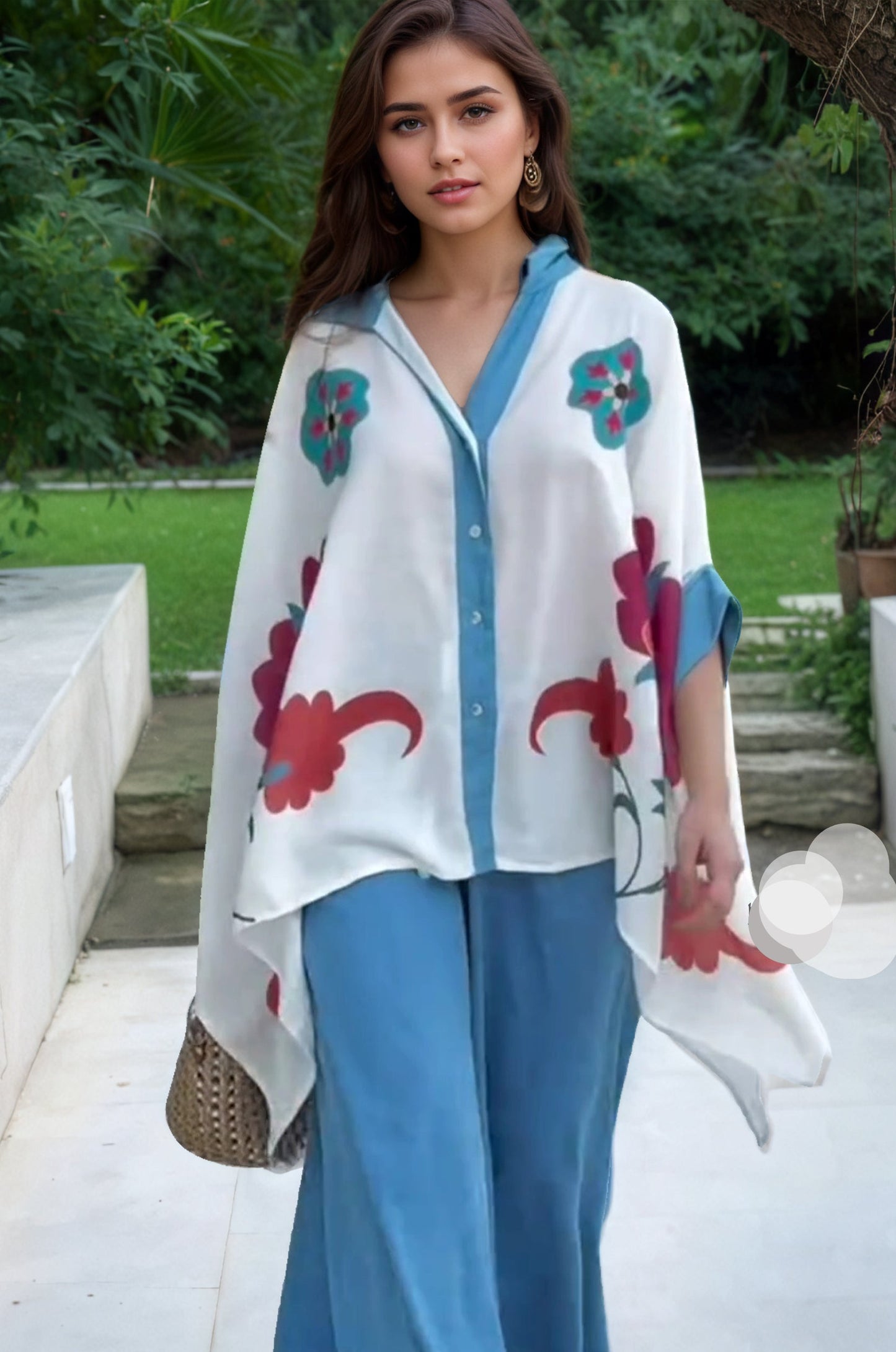 Blue Aura Artistic Flower Printed Loose Shirt
