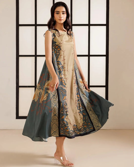 Beige & Teal Muslin Printed Boho Luxe Sleeveless Dress For Women