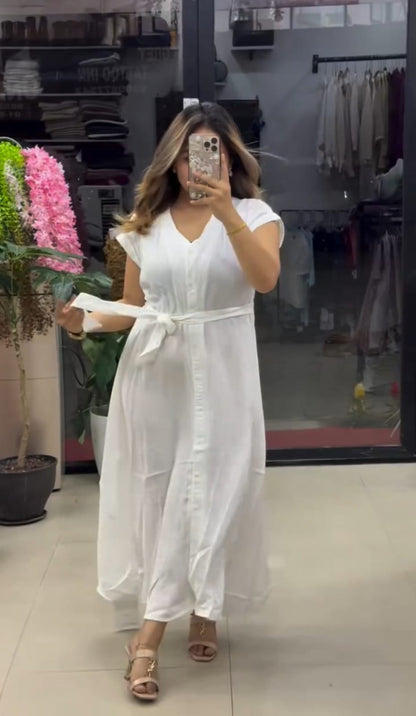 Soft Satin Fabric Women's Elegant Summer Maxi Belted Dress