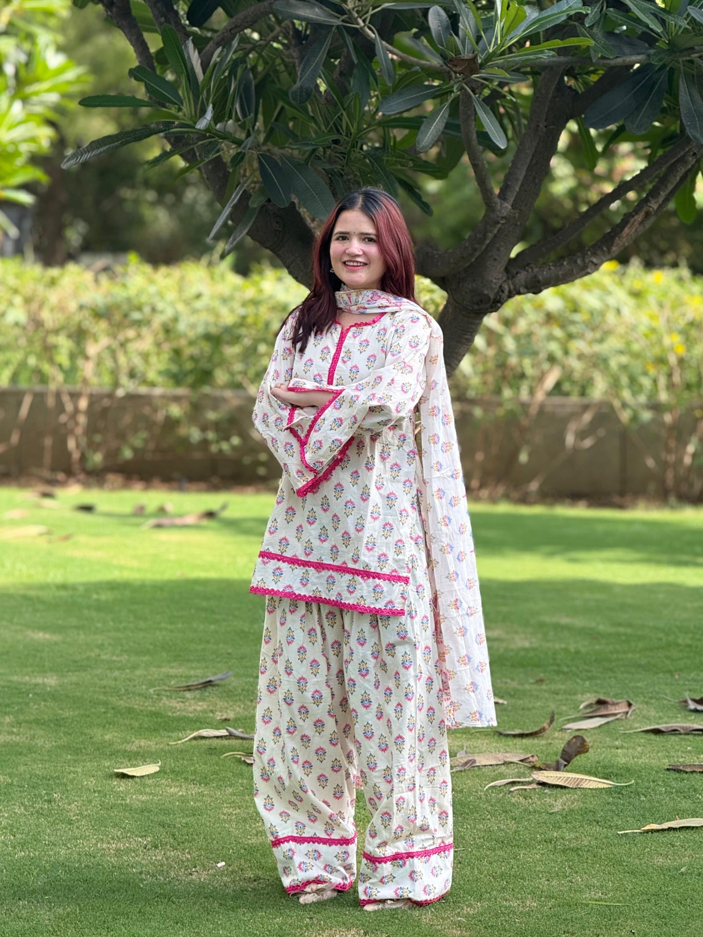 Women's Cotton Printed Kurta Palazzo Suit Set with Soft Mul Cotton Dupatta D6362