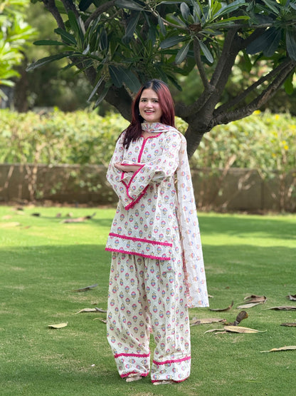 Women's Cotton Printed Kurta Palazzo Suit Set with Soft Mul Cotton Dupatta D6362