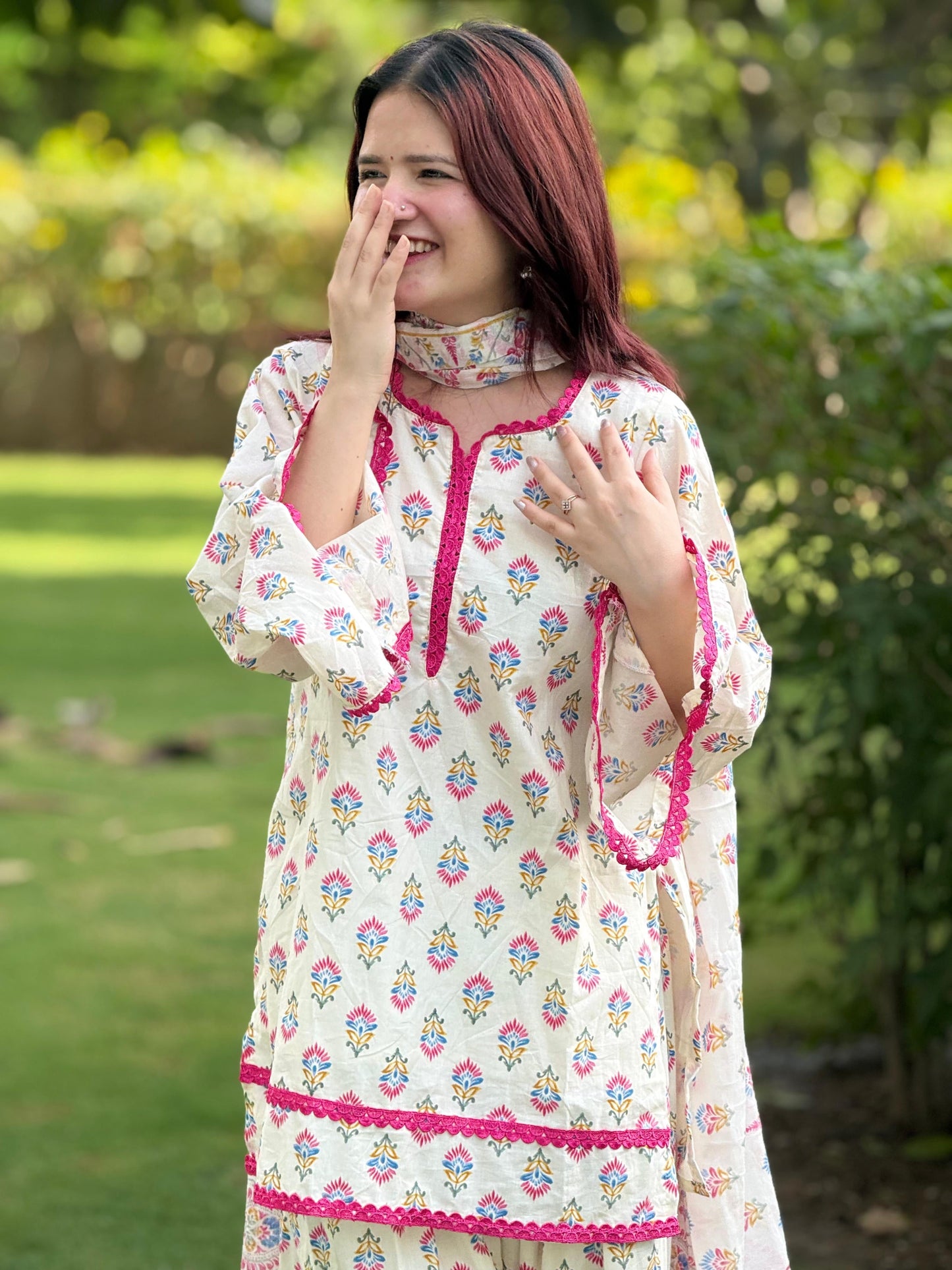 Women's Cotton Printed Kurta Palazzo Suit Set with Soft Mul Cotton Dupatta D6362