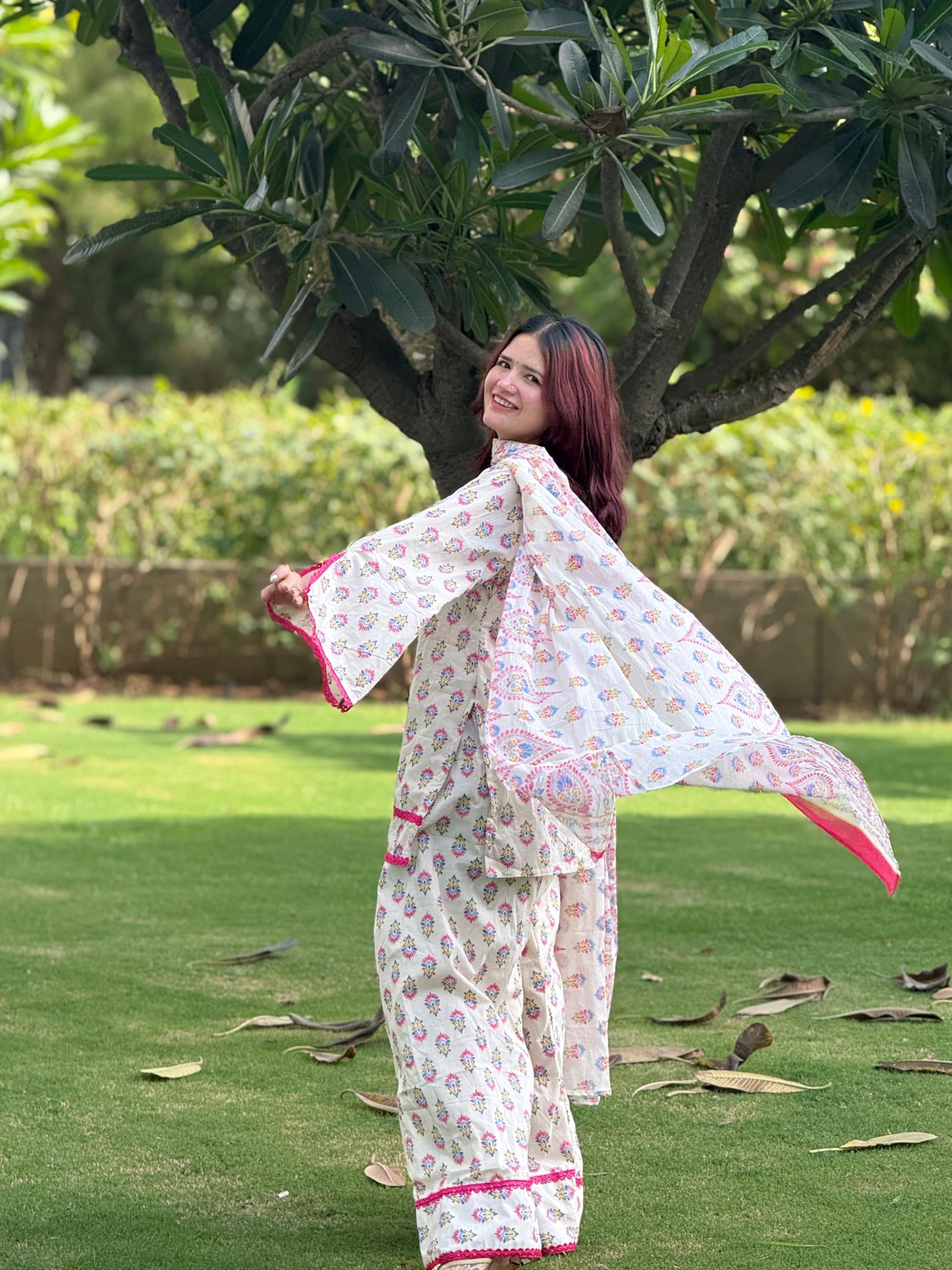Women's Cotton Printed Kurta Palazzo Suit Set with Soft Mul Cotton Dupatta D6362