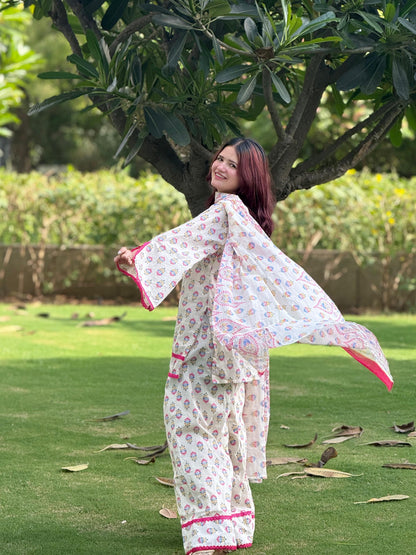 Women's Cotton Printed Kurta Palazzo Suit Set with Soft Mul Cotton Dupatta D6362